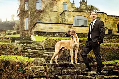 Young Man And Dog Posing In Front of Old Castle